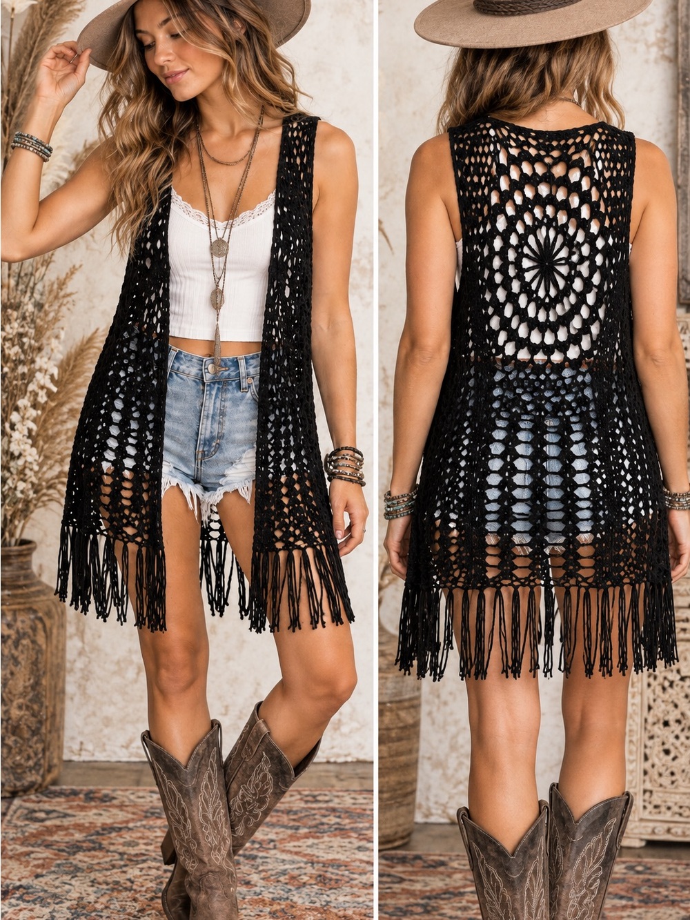 🖤 Cotton On Knit Wear Black Crochet Fringe Long Vest Boho Festival S